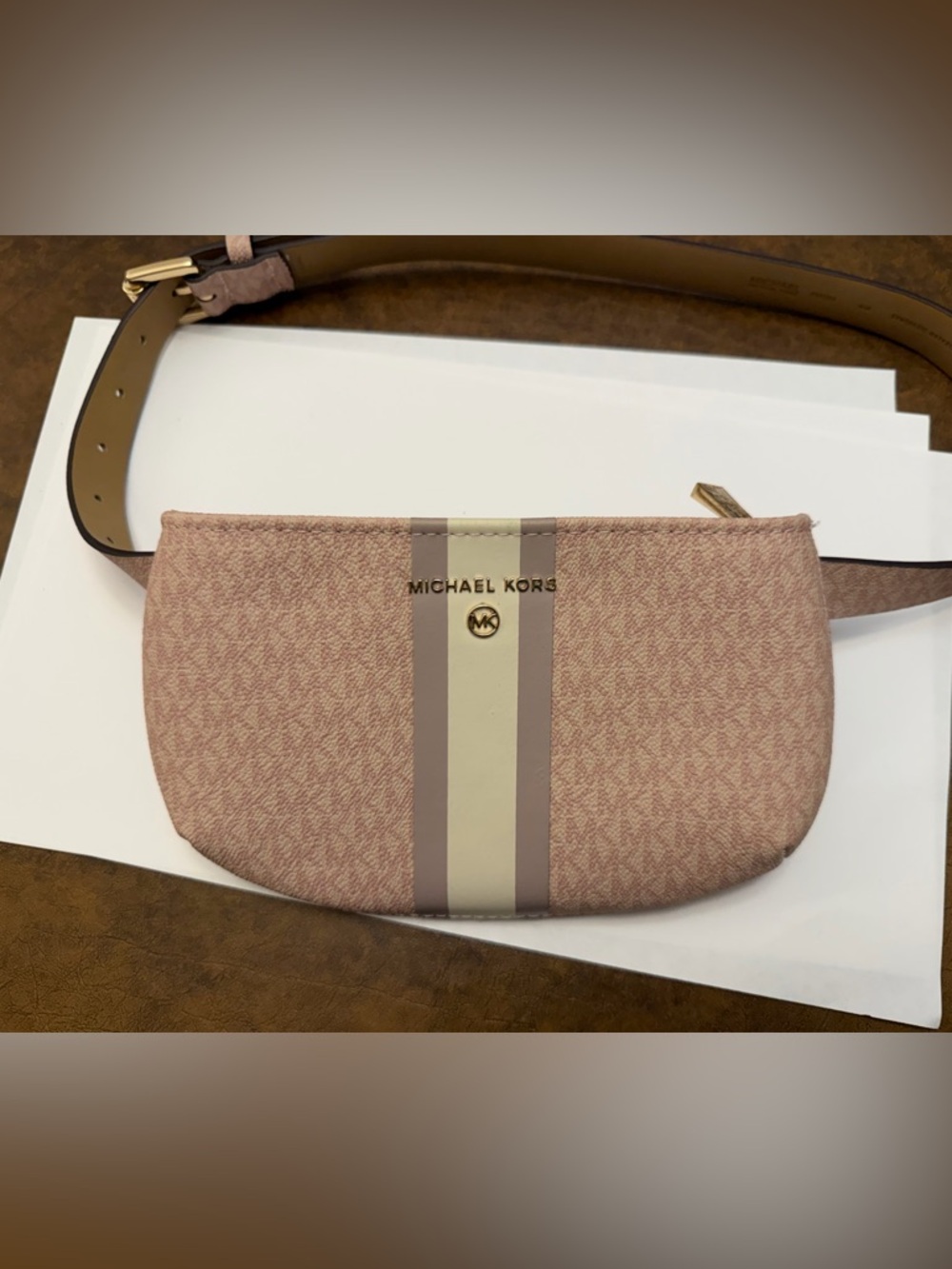 Michael Kors Pink Logo Belt Bag with Cream and Taupe Stripe
